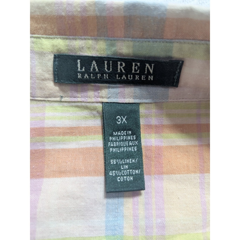 Lauren Ralph Lauren Shirt Womens 3X Pastel Plaid Linen Cotton Roll Tab - Picture 3 of 16